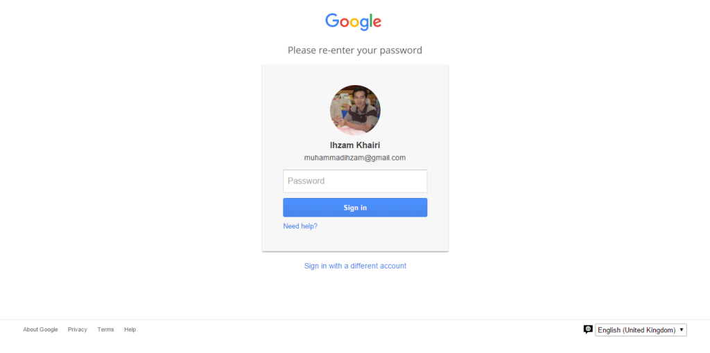 Google login screen prompting for password re-entry, showing user Ihzam Khairi's email address.
