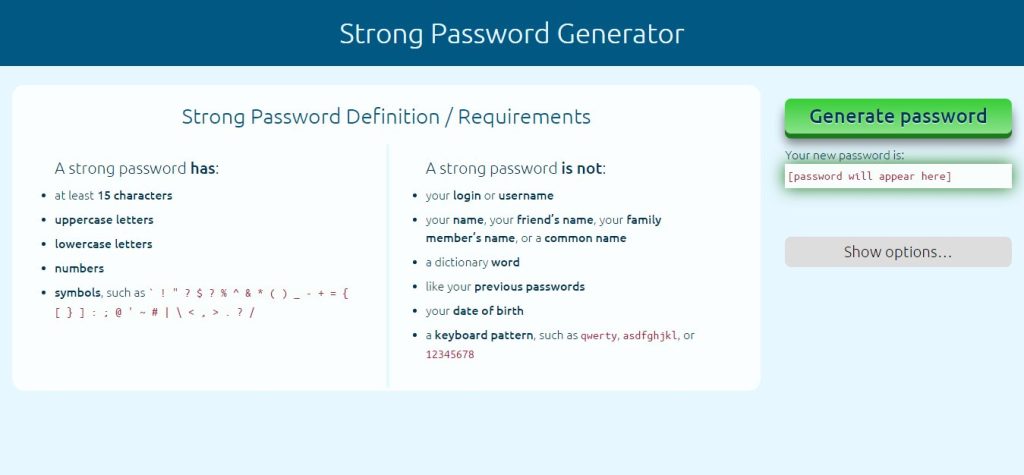 Strong password generator tool showing password criteria and a generated password field.
