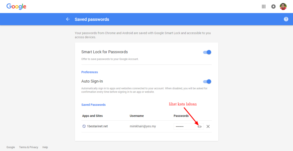 Google Chrome saved passwords showing username and password fields, with "lihat kata laluan" button visible.