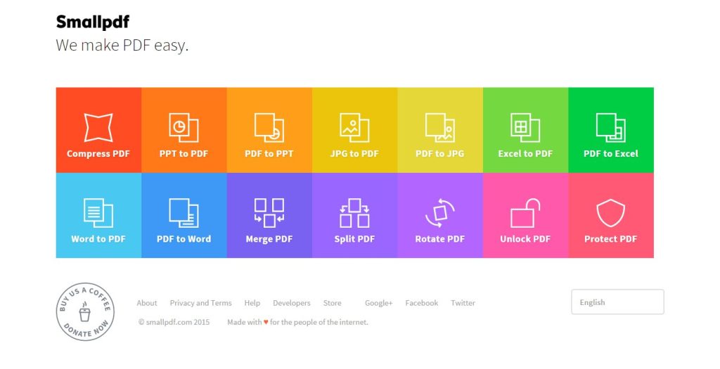 Smallpdf website interface showing various PDF conversion and editing options, including converting to and from Word, PPT, JPG, and Excel.