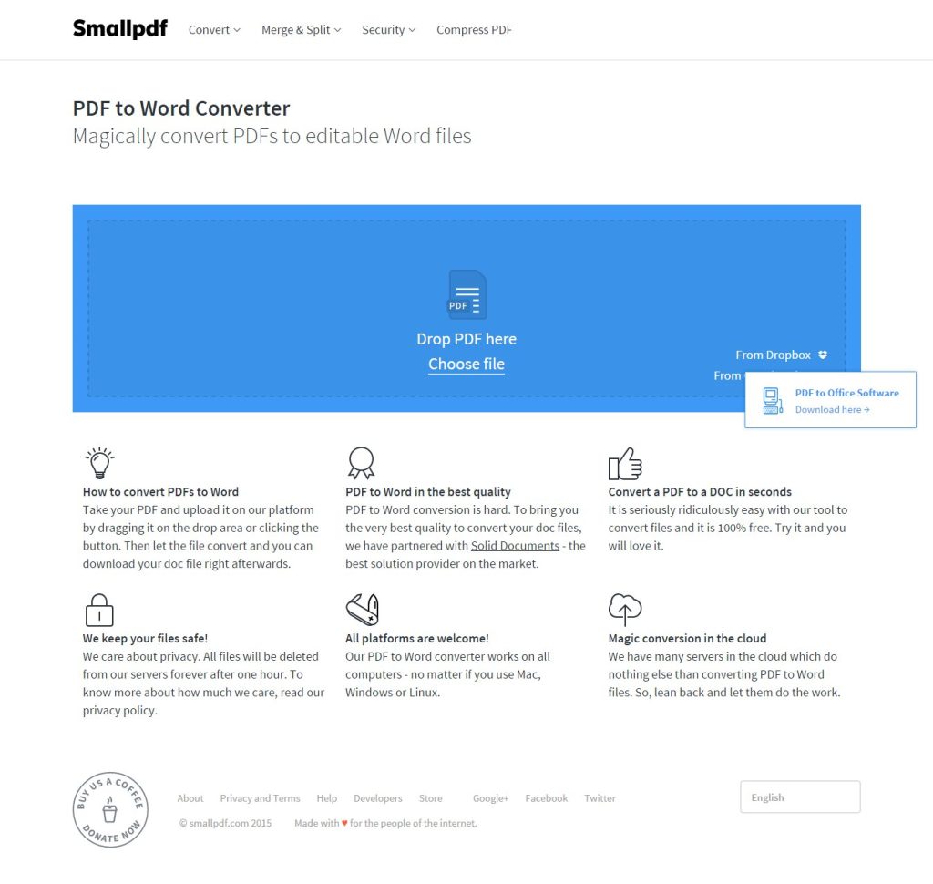 Smallpdf's PDF to Word converter webpage, showing easy file upload and conversion options.