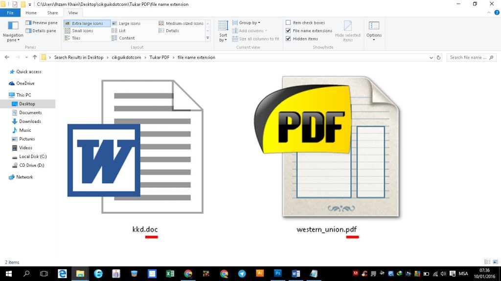 Windows file explorer showing kkd.doc and western_union.pdf files.