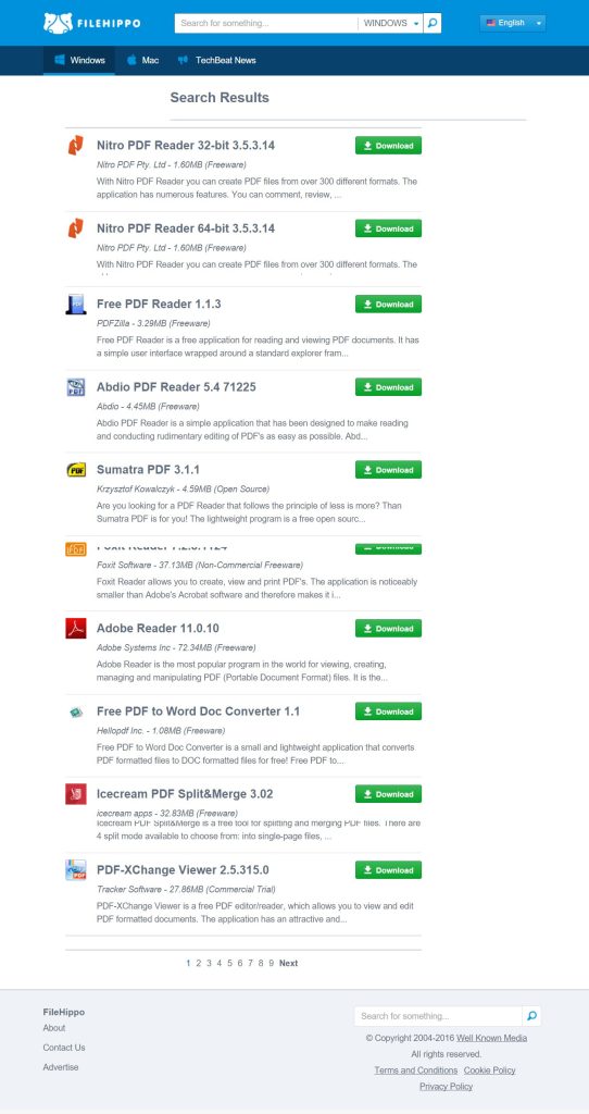 FileHippo search results page showing various PDF reader software downloads.