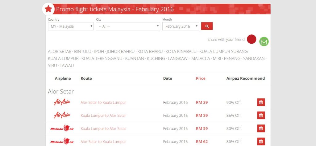 Jadual harga tiket penerbangan murah Malaysia Februari 2016. AirAsia & Malindo Air.