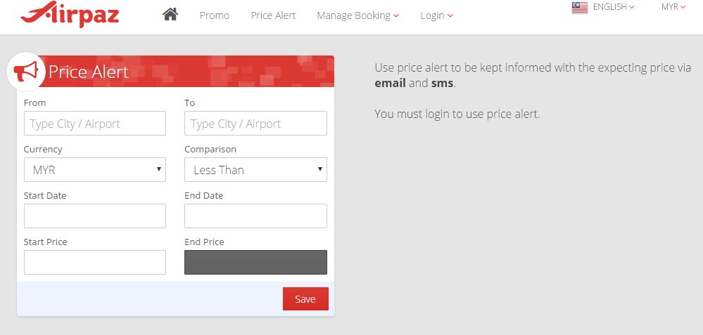 Airpaz price alert form: set your desired flight price, dates, and destinations to receive email/SMS notifications.