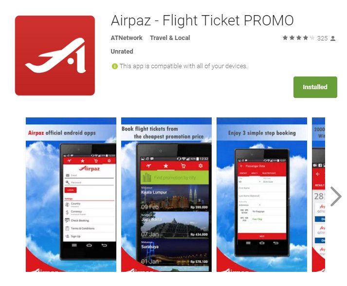 Airpaz app screenshots showing flight booking features and low prices. Find cheap flight tickets!