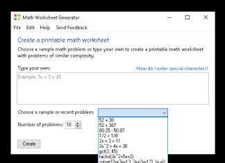 Jana Soalan Matematik Semudah ABC Screenshot of math worksheet generator interface showing options to create printable worksheets with various math problems.
