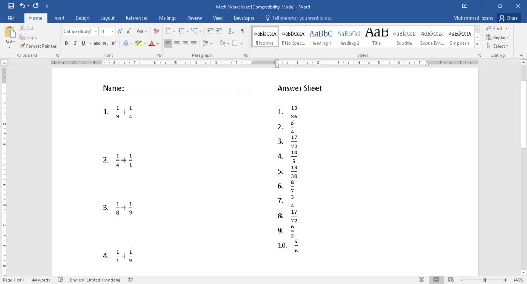 Worksheet with simple fraction addition problems and answer key. Jana Soalan Matematik Semudah ABC