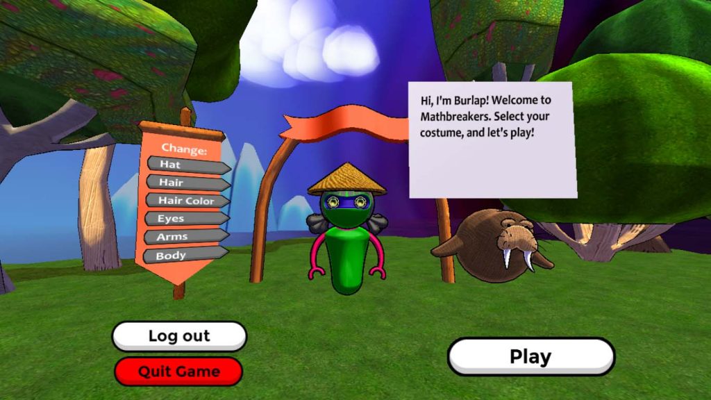 Mathbreakers game character customization screen: choose hat, hair, etc., then Play!