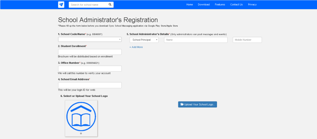 Sync School registration form: Enter school code, enrollment, contact details, and upload logo.