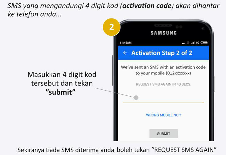 Smartphone displaying Sync app activation code entry. Step 2 of 2.