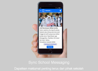Sync, Aplikasi Ala Whatsapp Untuk Warga Pendidikan dan Ibu Bapa Smartphone displaying Sync School Messaging app with emergency school closure announcement due to haze.