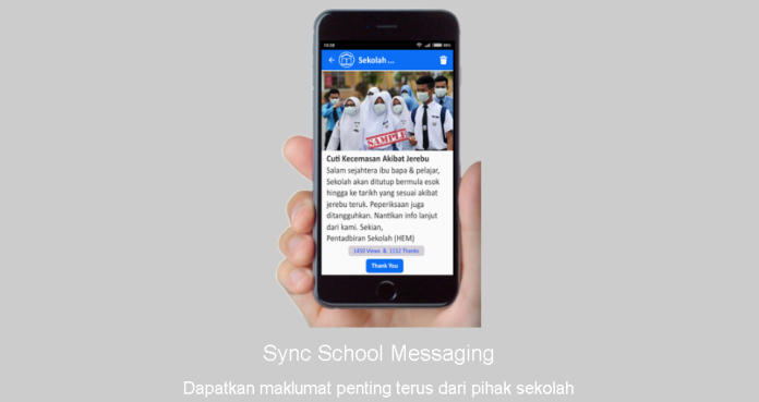 Smartphone displaying Sync School Messaging app with emergency school closure announcement due to haze.