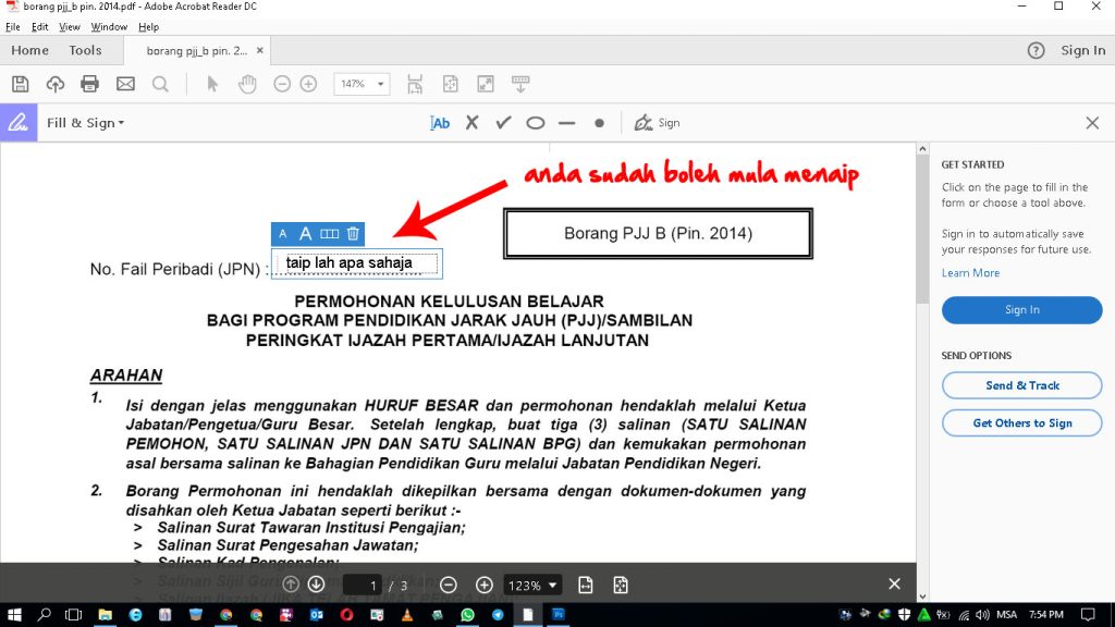 Panduan mengisi borang PDF: arahan mengisi bahagian "No. Fail Peribadi".