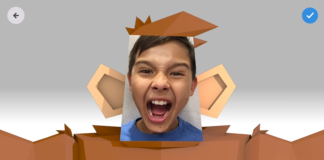Toontastic 3D Aplikasi Membuat Cerita Menarik Untuk Kanak-Kanak Boy's face in Toontastic 3D monkey costume, creating a fun story.