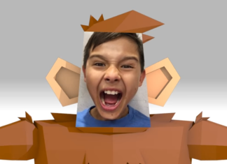 Toontastic 3D Aplikasi Membuat Cerita Menarik Untuk Kanak-Kanak Boy's face in Toontastic 3D monkey costume, creating a fun story.