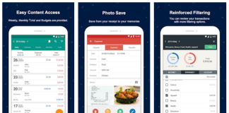 3 Aplikasi Ini Membantu Menyemak Rekod Perbelanjaan Anda Screenshots of three mobile apps for tracking expenses, showing features like easy content access, photo save, and reinforced filtering.