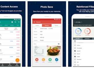3 Aplikasi Ini Membantu Menyemak Rekod Perbelanjaan Anda Screenshots of three mobile apps for tracking expenses, showing features like easy content access, photo save, and reinforced filtering.