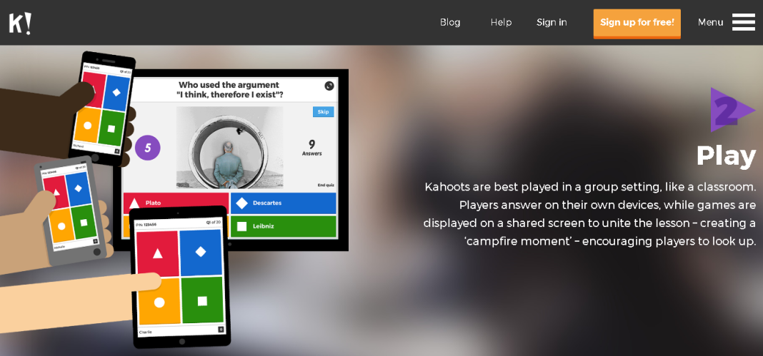 Students using smartphones and tablets to answer a Kahoot quiz question about Descartes. Alternative to Quizizz.