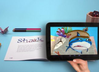Teknologi AR dalam Pendidikan Child reading book with augmented reality shark on tablet. "Shark" title visible. Teknologi AR dalam Pendidikan.