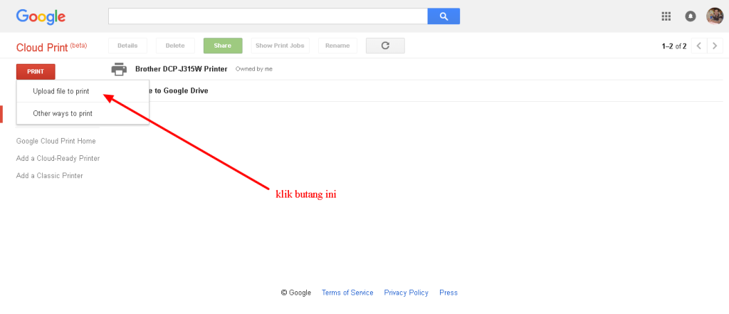 Google Cloud Print interface showing options to upload a file or use other methods to share a printer.