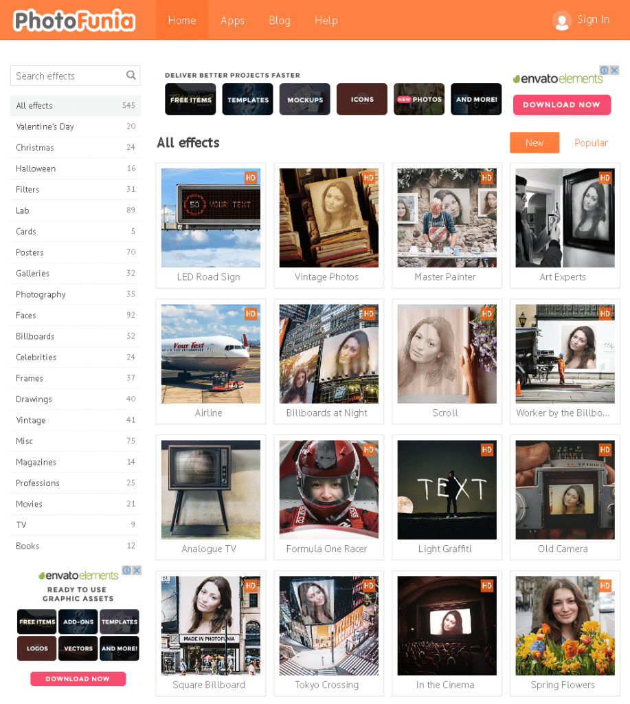 Various photo effects for transforming portraits into book covers, wall art, and more.
