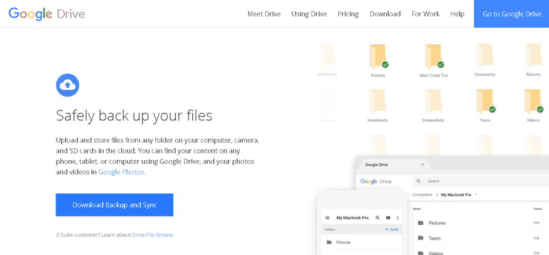 Google Drive Backup & Sync interface showing file backup and syncing options. Learn how to create a Google Drive backup.