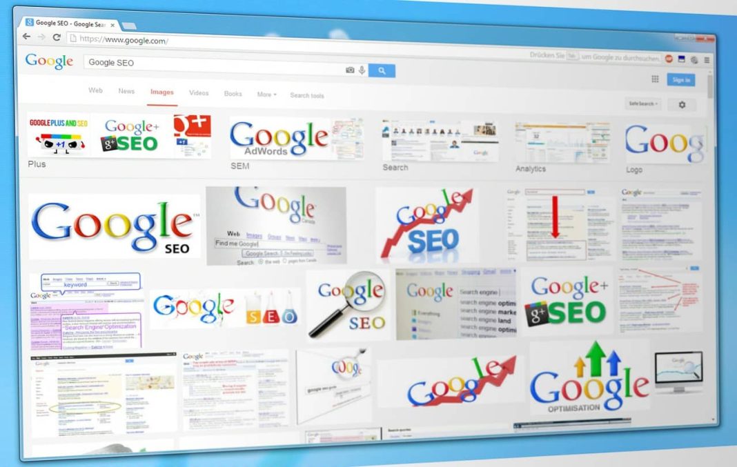 Google search results page showing various SEO strategies and Google branding elements.