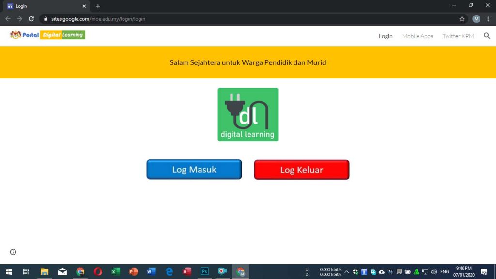 Login screen for Digital Learning portal. Buttons for "Log Masuk" and "Log Keluar" are visible.