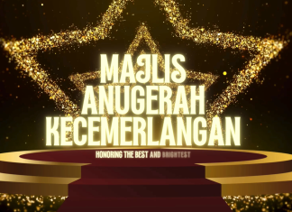 Claude.ai Membantu Hasilkan Gimik Perasmian dengan Mudah Majlis Anugerah Kecemerlangan award ceremony stage with golden stars