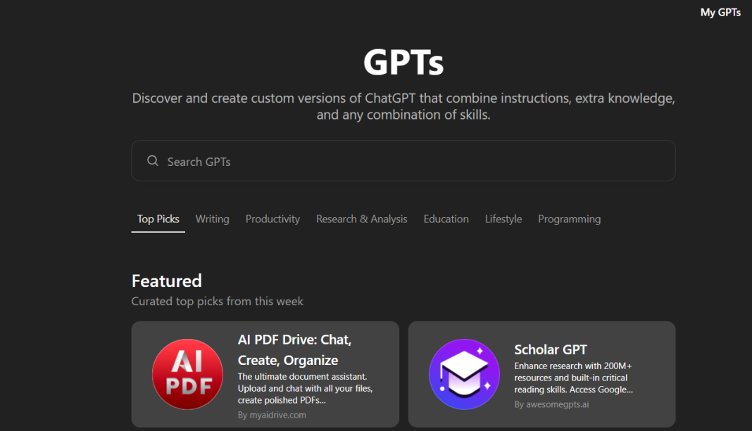 Explore GPTs: Kelebihan Menggunakan Custom GPTs untuk Tugas Khusus GPTS website interface showing featured AI PDF Drive and Scholar GPT options. Explore custom ChatGPT versions.