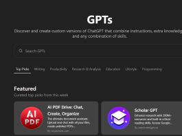 GPTS website interface showing featured AI PDF Drive and Scholar GPT options. Explore custom ChatGPT versions.