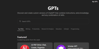 Explore GPTs: Kelebihan Menggunakan Custom GPTs untuk Tugas Khusus GPTS website interface showing featured AI PDF Drive and Scholar GPT options. Explore custom ChatGPT versions.