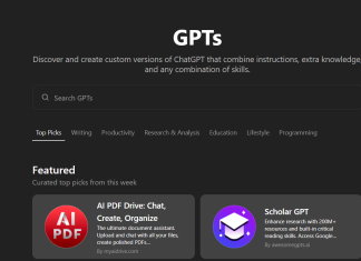 Explore GPTs: Kelebihan Menggunakan Custom GPTs untuk Tugas Khusus GPTS website interface showing featured AI PDF Drive and Scholar GPT options. Explore custom ChatGPT versions.