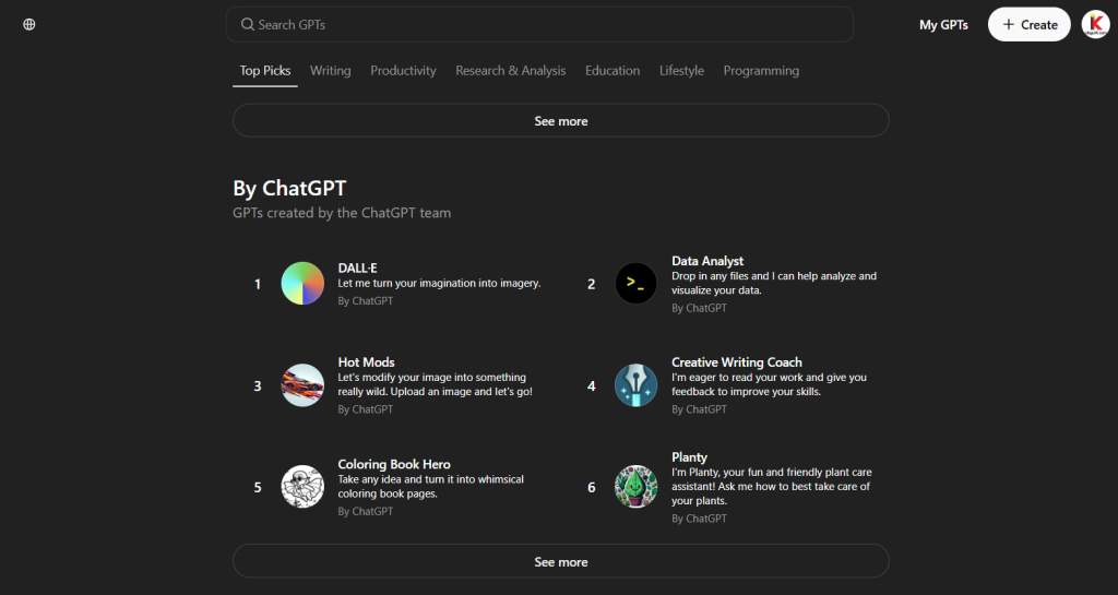 Screenshot of ChatGPT interface showing various custom GPTs for specific tasks, including DALL-E, Data Analyst, and Creative Writing Coach.