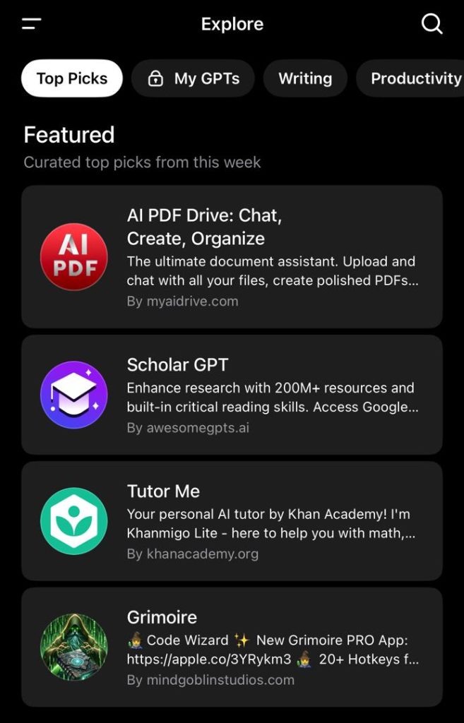 Screenshot of GPT apps: AI PDF Drive, Scholar GPT, Tutor Me, and Grimoire. Explore custom GPTs for specific tasks.