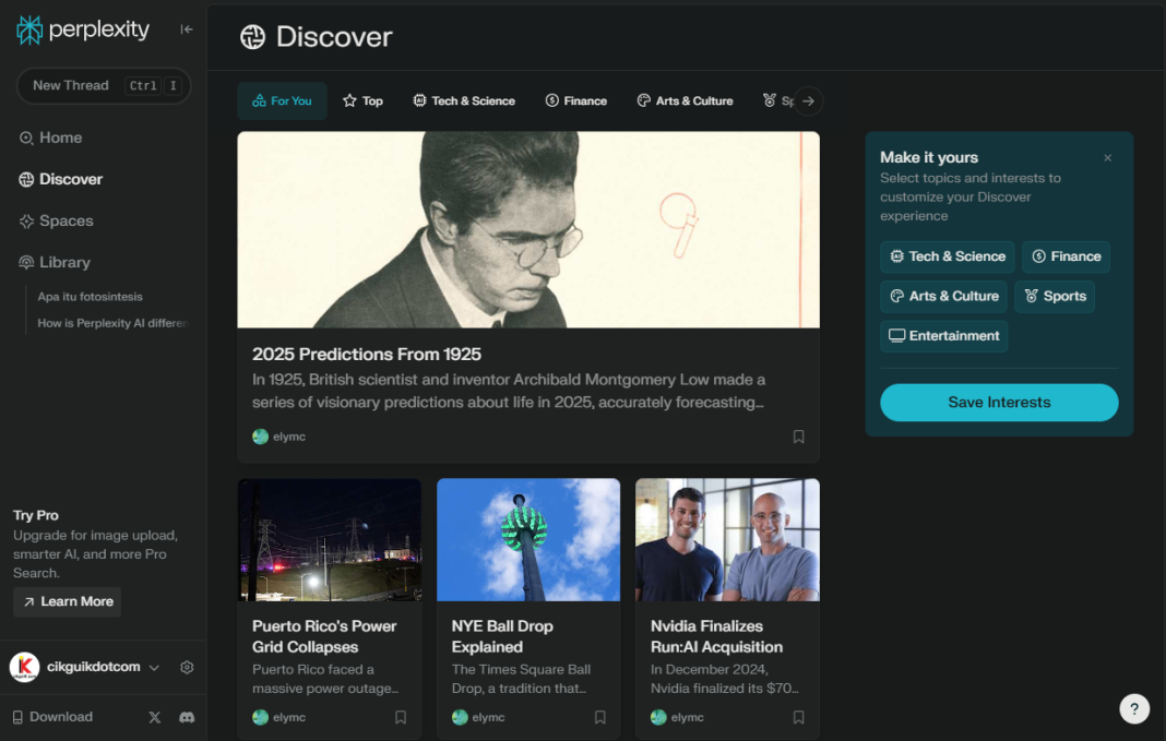 Perplexity AI interface showing search results and personalized options for educators and students.