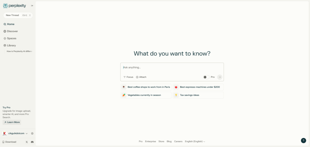 Perplexity AI interface showing search bar and example queries for educators and students.