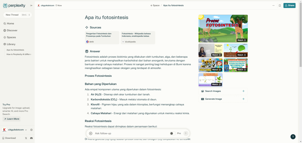 Perplexity AI interface showing a search result about photosynthesis, including text, images, and videos.