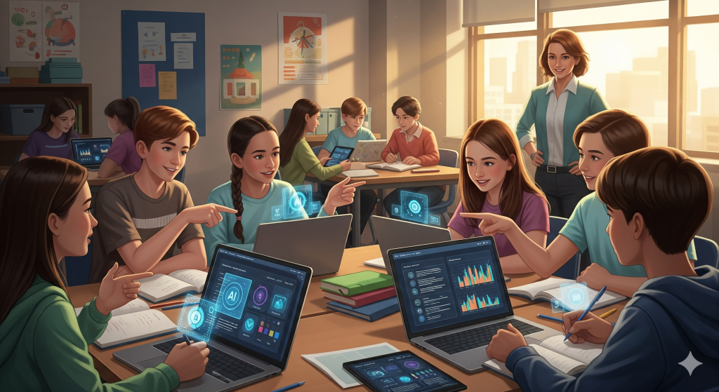 Students using laptops with AI tools in a classroom, teacher observing