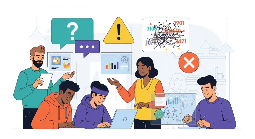 Team brainstorming project-based learning with AI, analyzing data and problem-solving.