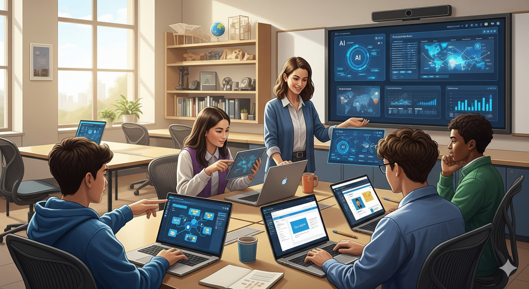 Students collaborate on AI projects, guided by a teacher. Project-Based Learning (PBL) with AI.