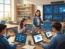 Students collaborate on AI projects, guided by a teacher. Project-Based Learning (PBL) with AI.