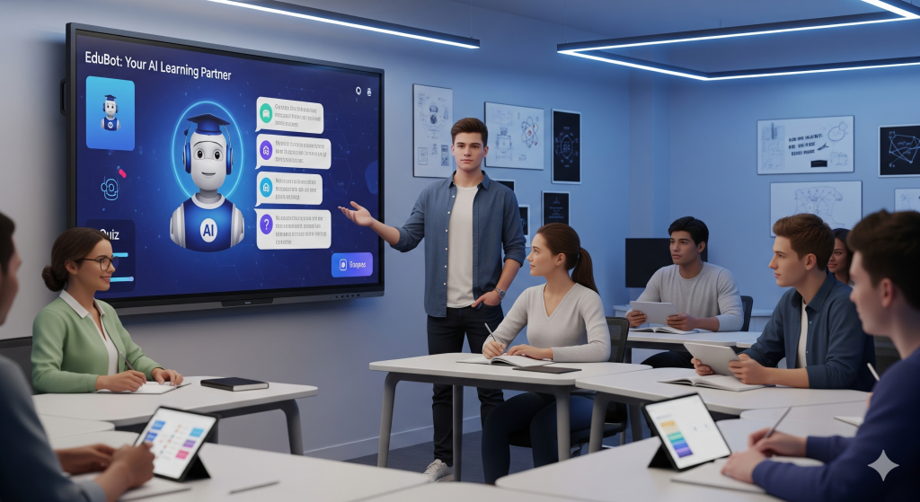 Students and teacher using EduBot AI learning platform in a classroom. AI-powered PBL.