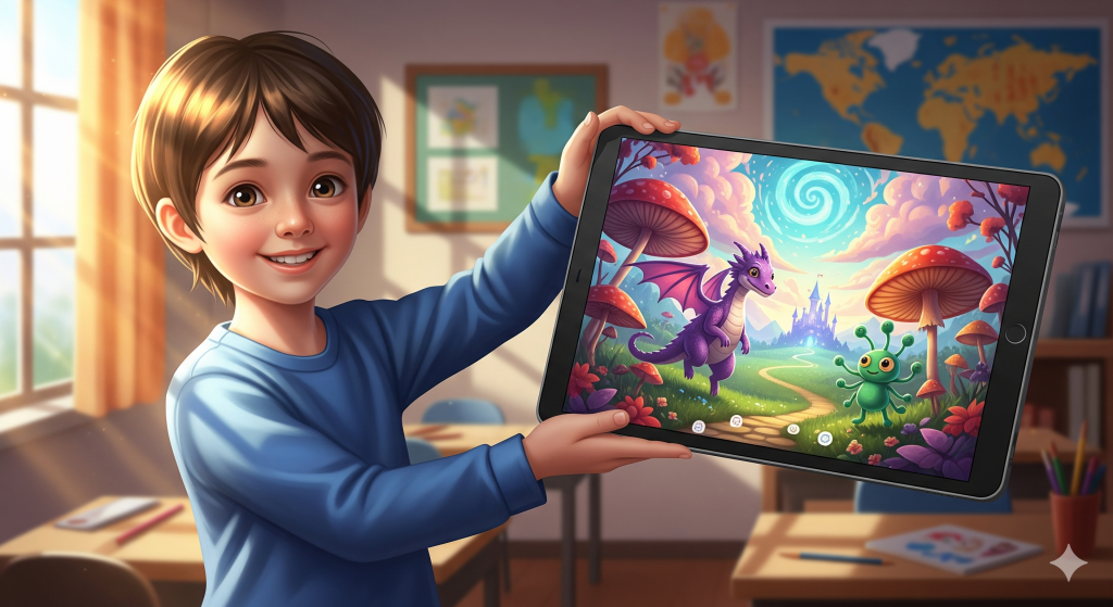 Boy proudly displays tablet showing AI-powered PBL project: a whimsical dragon and creature illustration.