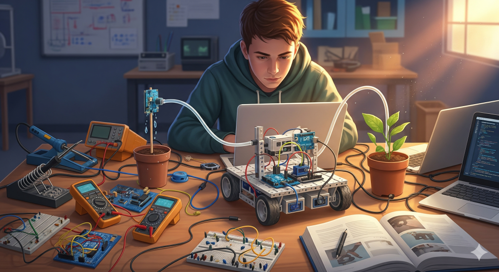 Student working on robotics project using AI, programming code visible. Project-Based Learning (PBL).
