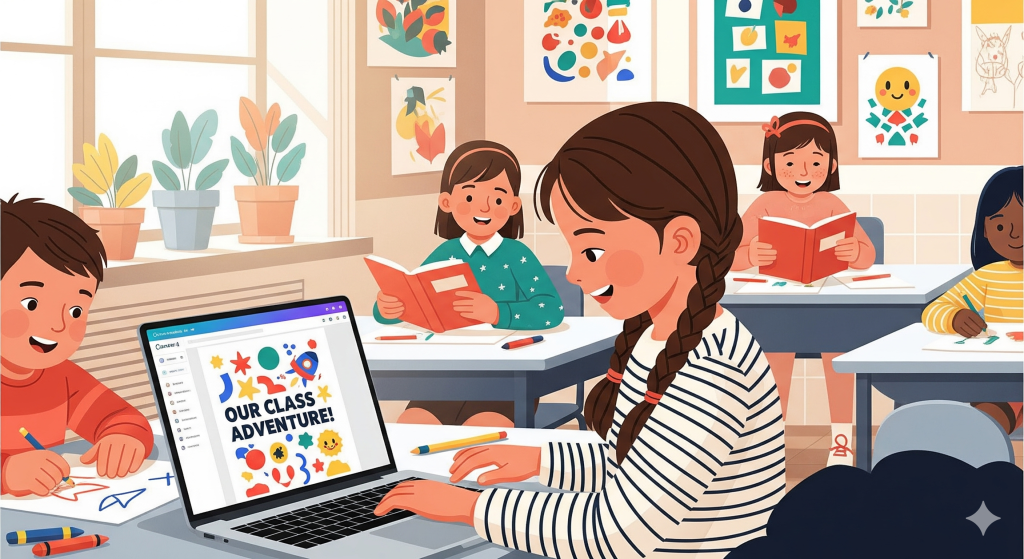 Students collaborate on a project using laptops and creative tools in a classroom. "Our Class Adventure!" is displayed on a laptop screen.