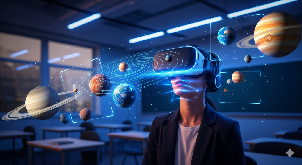 Student wearing VR headset, exploring a virtual solar system. AI-powered Project Based Learning.