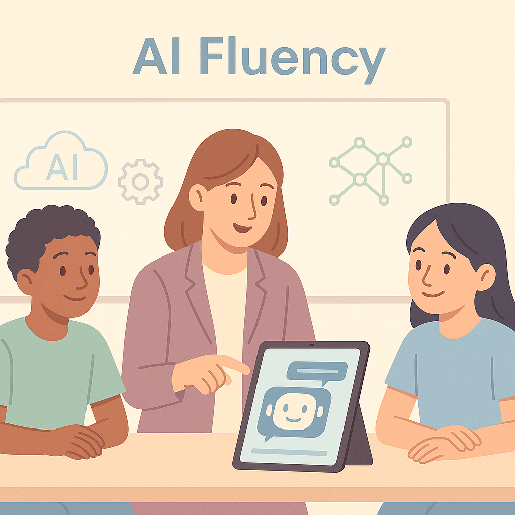 Teacher showing students AI fluency on a tablet; AI chatbot interface displayed.