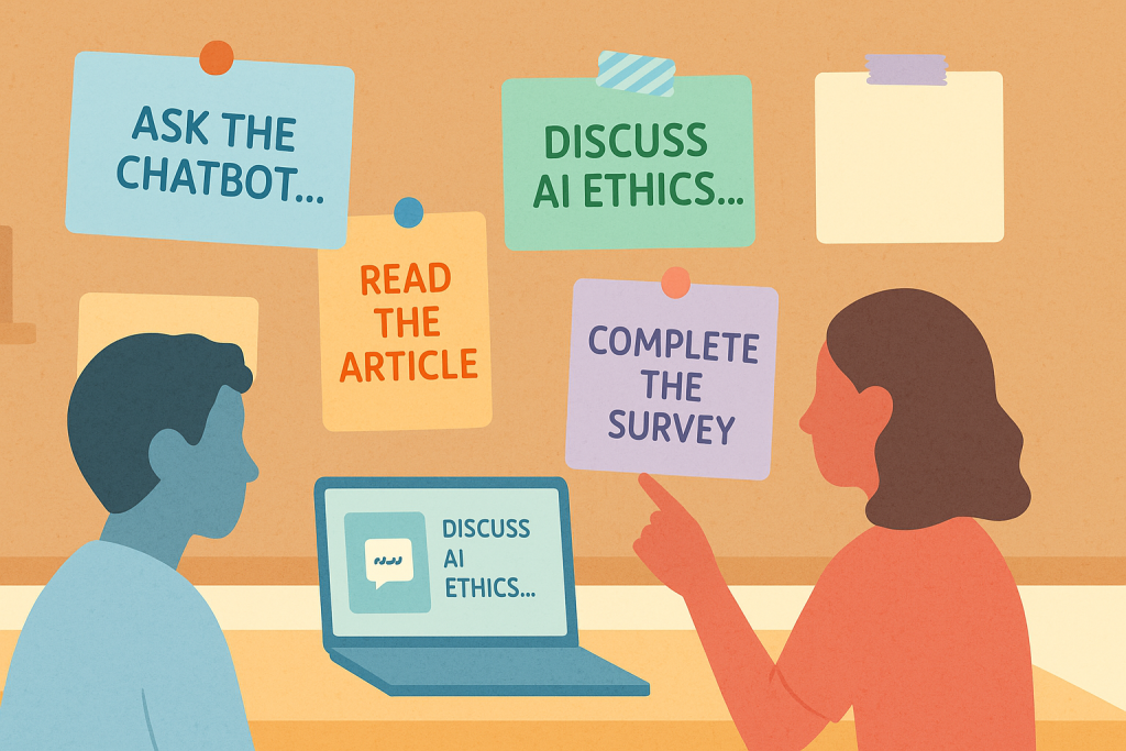 Two people collaborate on AI ethics, reading articles, using a chatbot, and completing a survey.